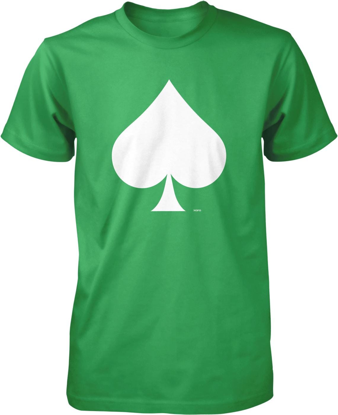 A green t-shirt with a white graphic of a spade symbol printed on it.