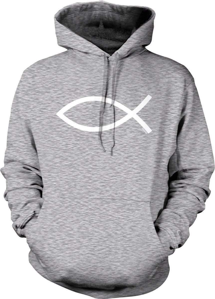 Jesus Fish Sweatshirt - Christian Hooded Hoodie with Pouch Pocket & Double Ply Hood