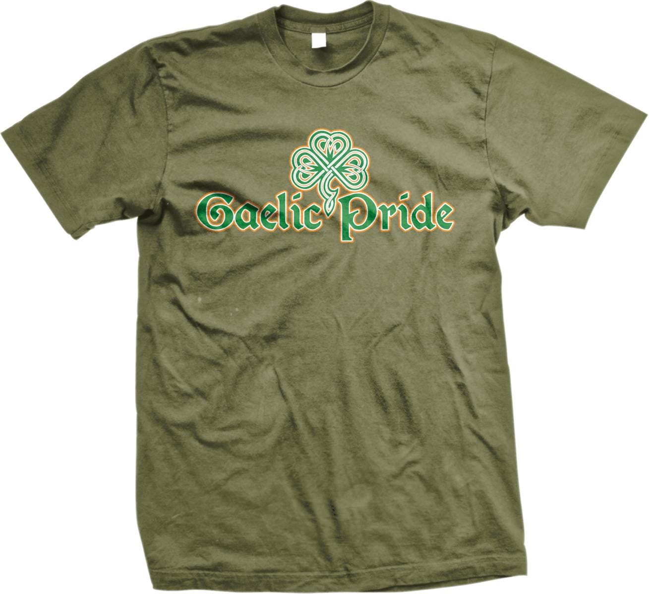 A green t-shirt with the text "Gaelic Pride" printed on it.