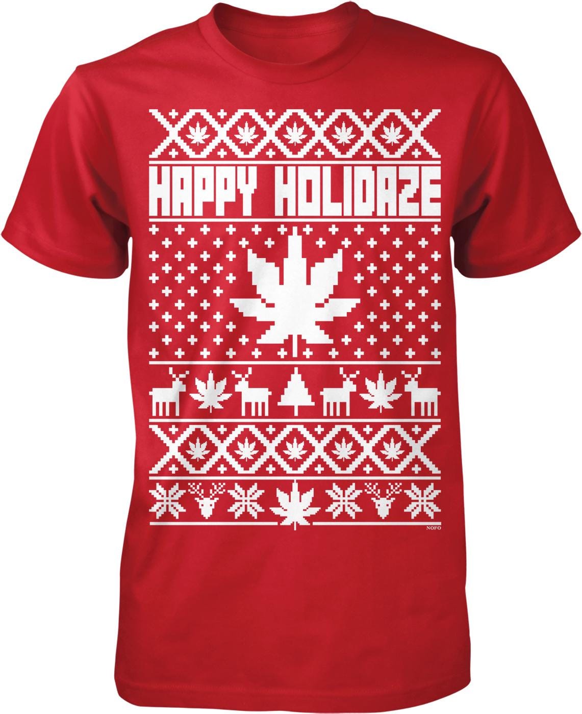 A red t-shirt with a white Christmas-themed design featuring a Christmas tree, snowflakes, reindeer, and a marijuana leaf.