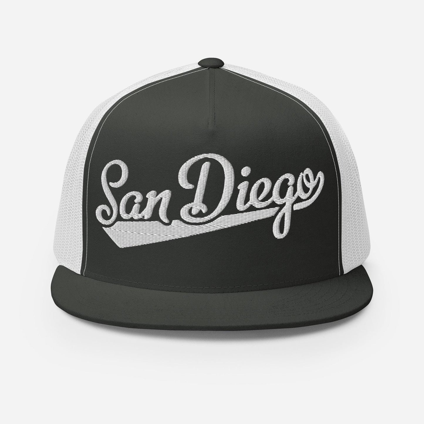 Snapback Trucker Hat - San Diego Script Baseball Five Panel Cap With Breathable Mesh