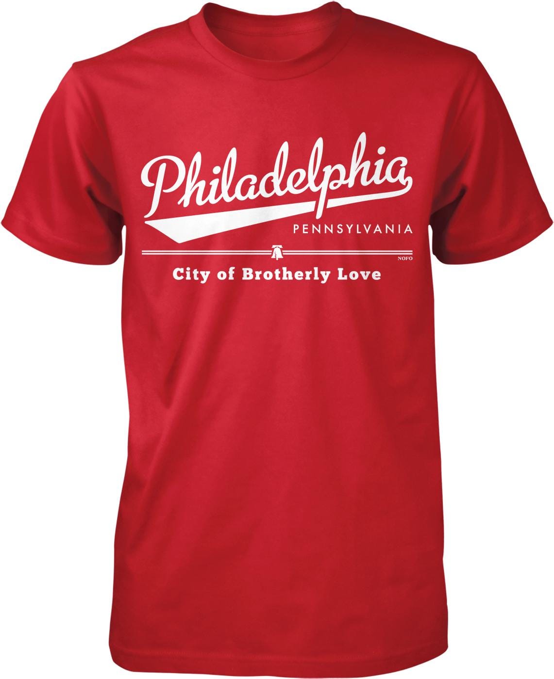 A red t-shirt with white text that says "PhiladELPHIA, PA" and "City of Brotherly Love" printed on it.