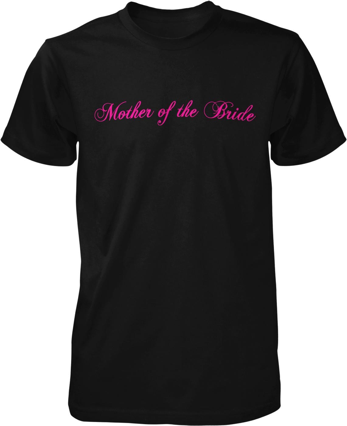 A black t-shirt with the text "Mother of the Bride" printed in pink on it.