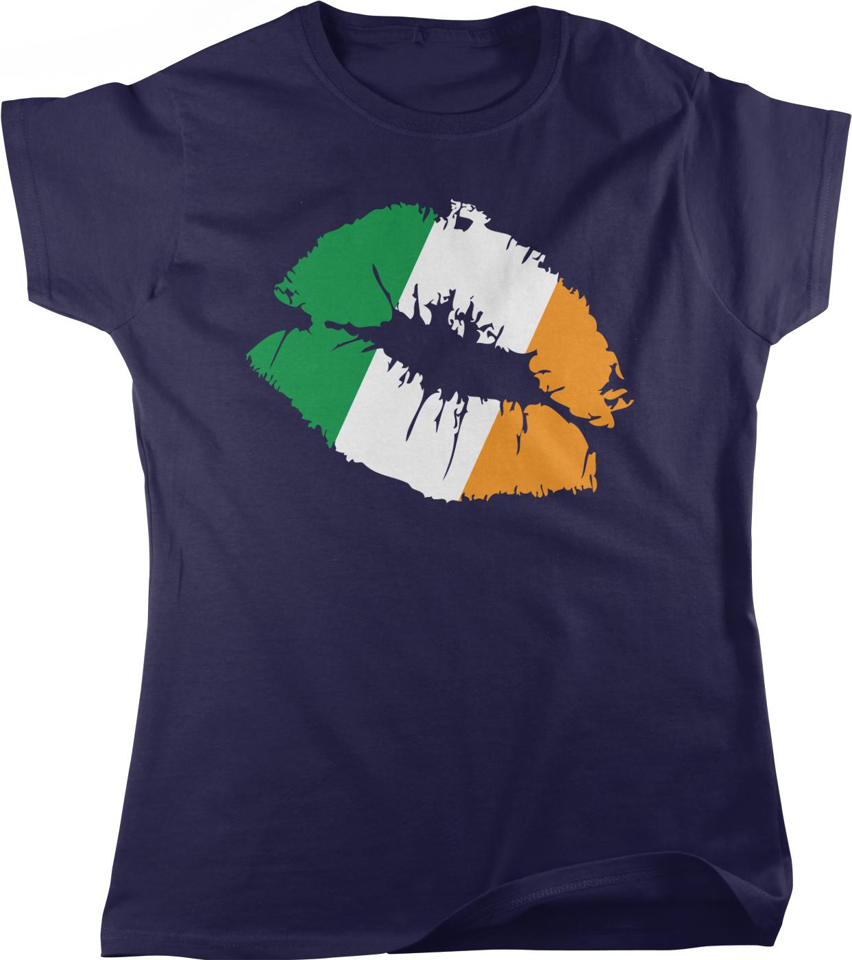 A dark blue t-shirt with a graphic design depicting a kiss mark in the colors of the Irish flag.