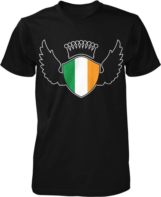 A black t-shirt with a graphic design featuring a shield with a crown on top, and wings on either side of the shield.