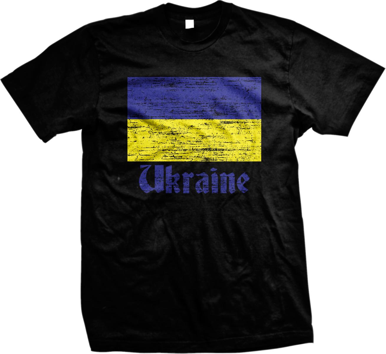 A black t-shirt with a graphic design depicting the Ukrainian flag, featuring a blue and yellow rectangle with the word "Ukraine" written in a stylized font below it.