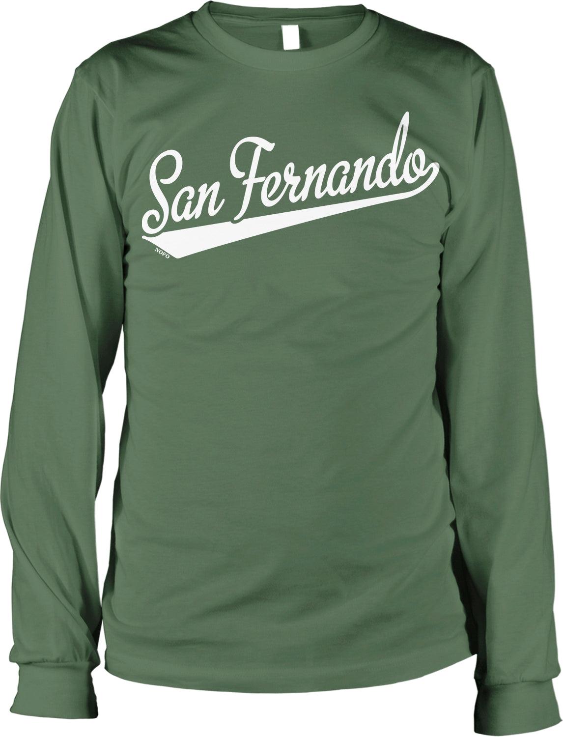 A green long-sleeved shirt with the text "San Fernando" printed on it in white lettering.