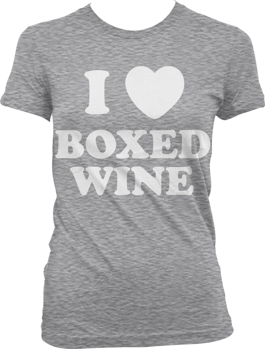 A gray t-shirt with the text "I ♥ BOXED WINE" printed on it.