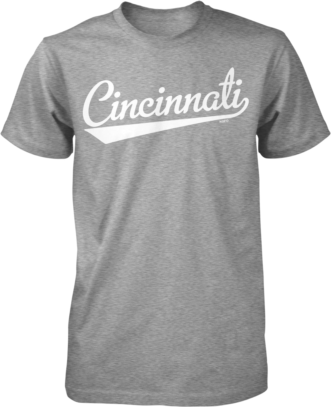 A gray t-shirt with the word "CINCINNATI" printed in white text across the front.