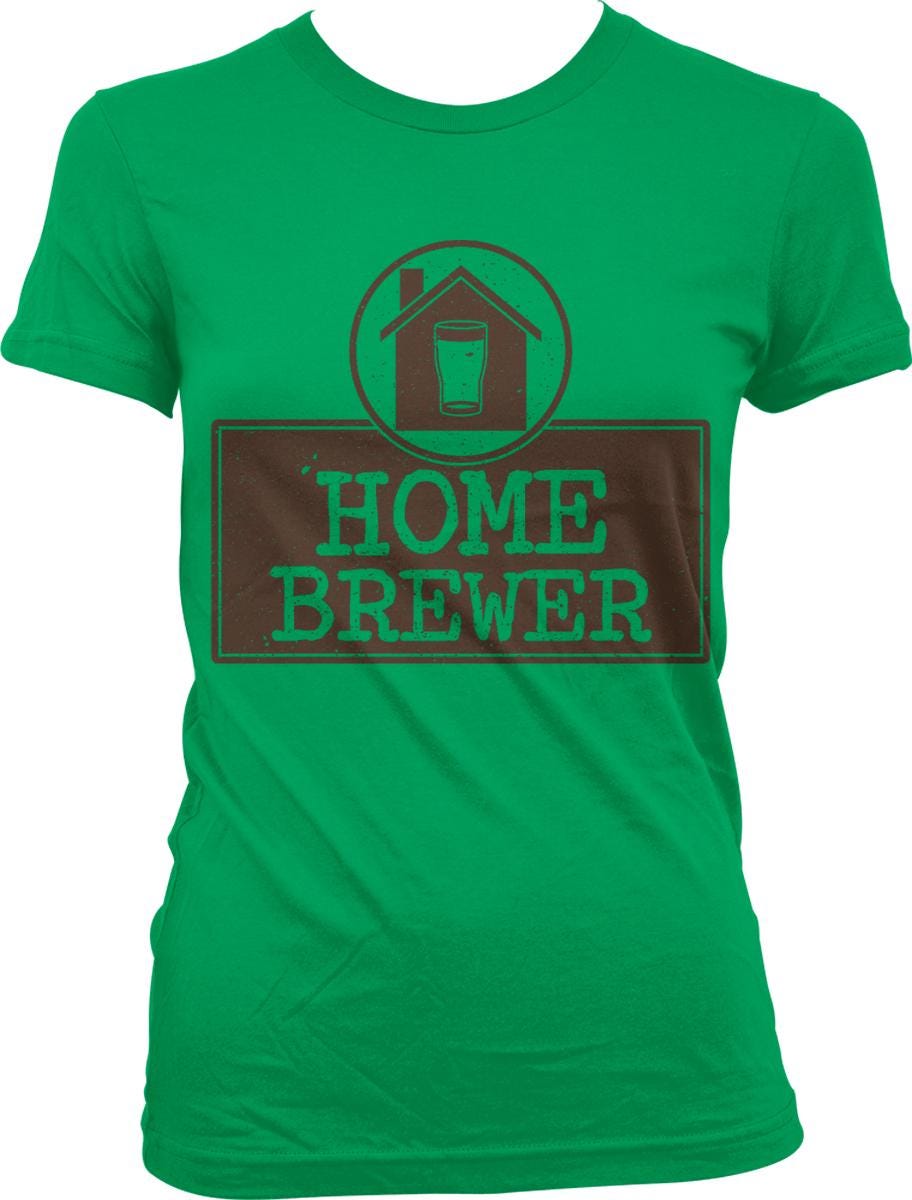 A green t-shirt with a graphic design that says "HOME BREWER" and features a house and a glass of beer.