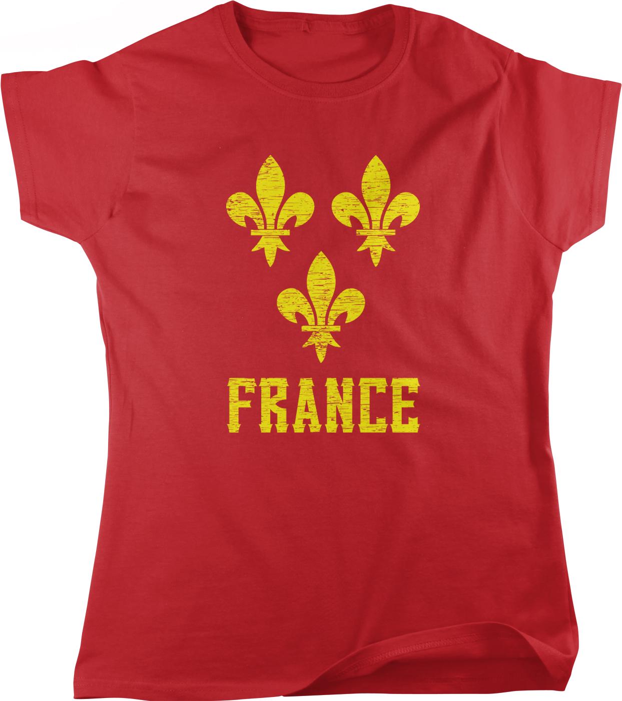 A red t-shirt with a yellow fleur-de-lis design and the word "FRANCE" printed on it.