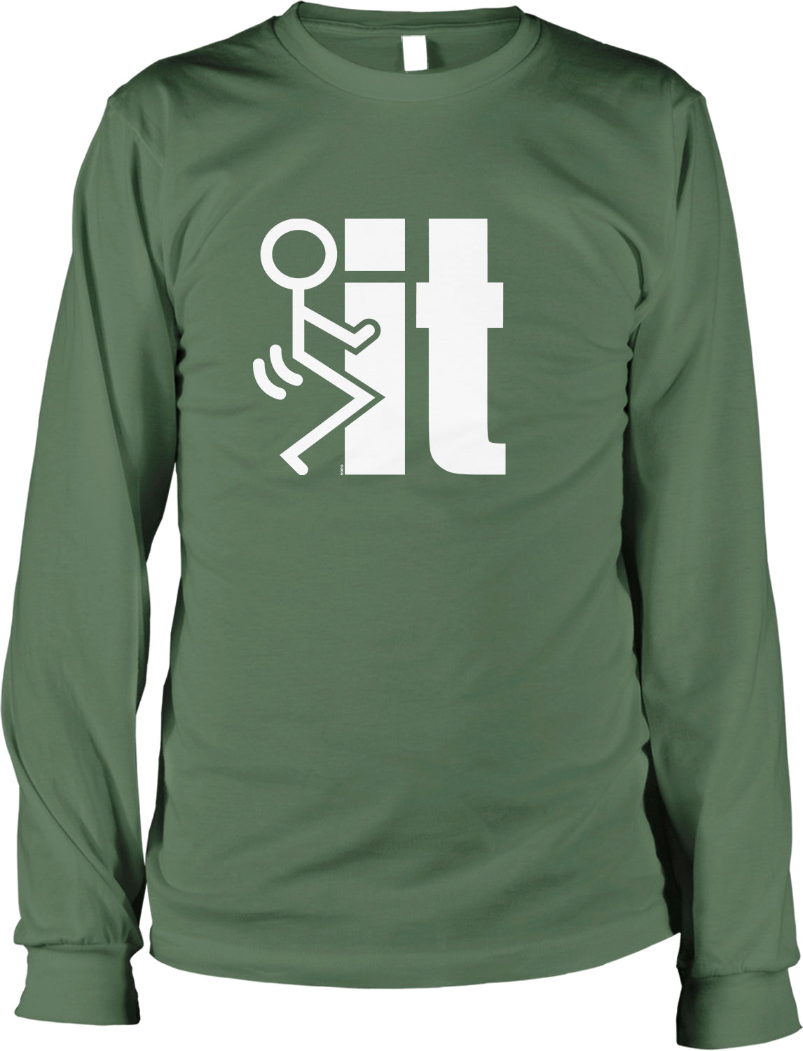 A green long-sleeved t-shirt with a white graphic design on it.