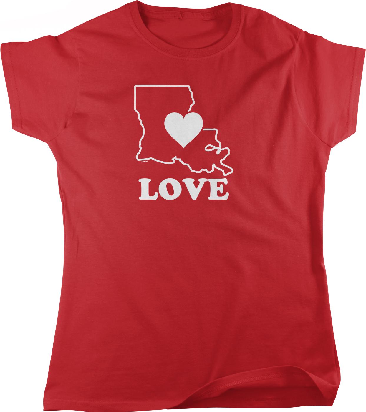 A red t-shirt with a white graphic design that includes a heart shape and the word "LOVE" written below it.