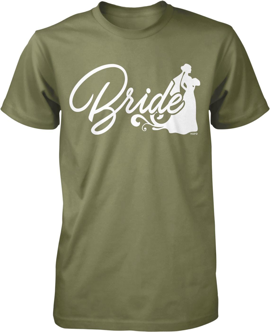 A green t-shirt with the word "Bride" printed on it in white text.