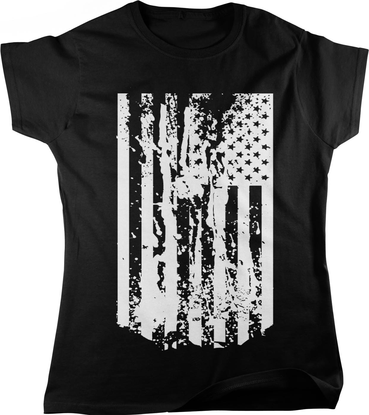 A black t-shirt with a white graphic design depicting a distressed flag with torn and splattered elements.