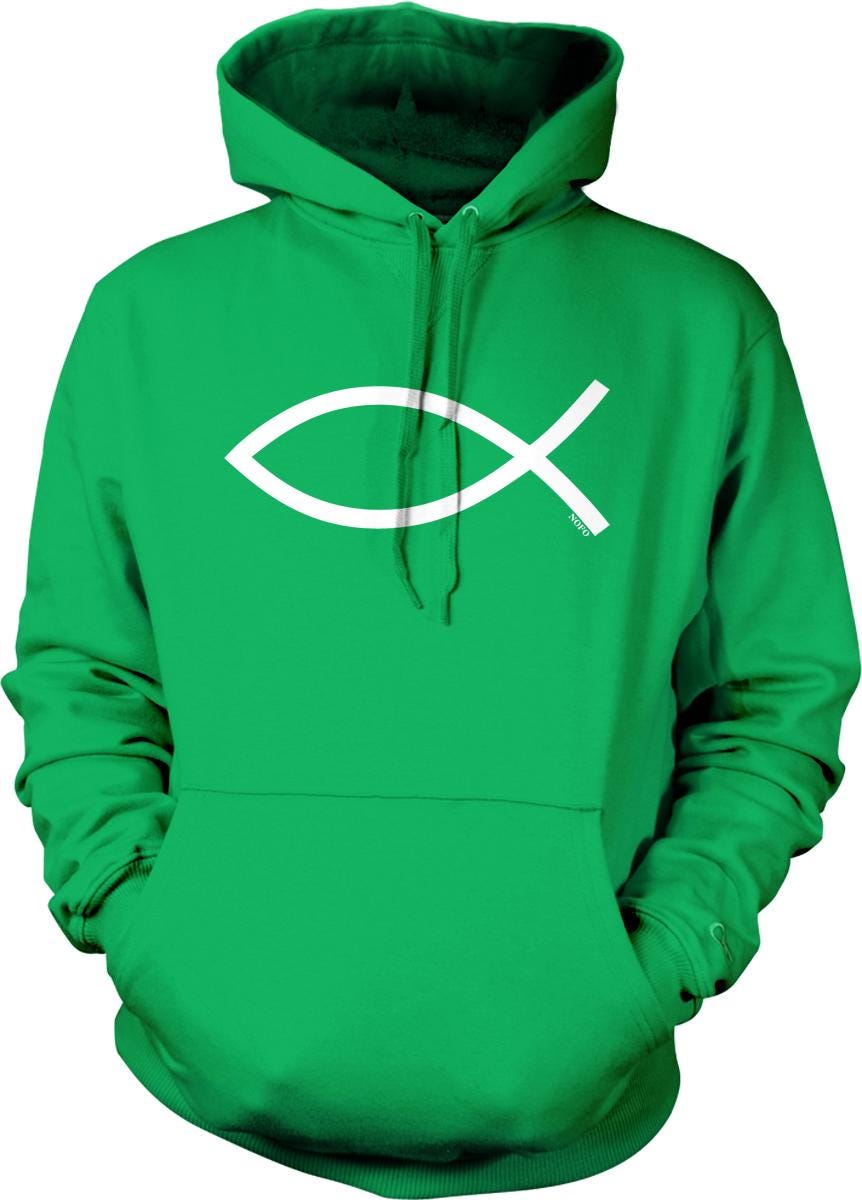 A bright green hoodie with a white fish graphic on the front.