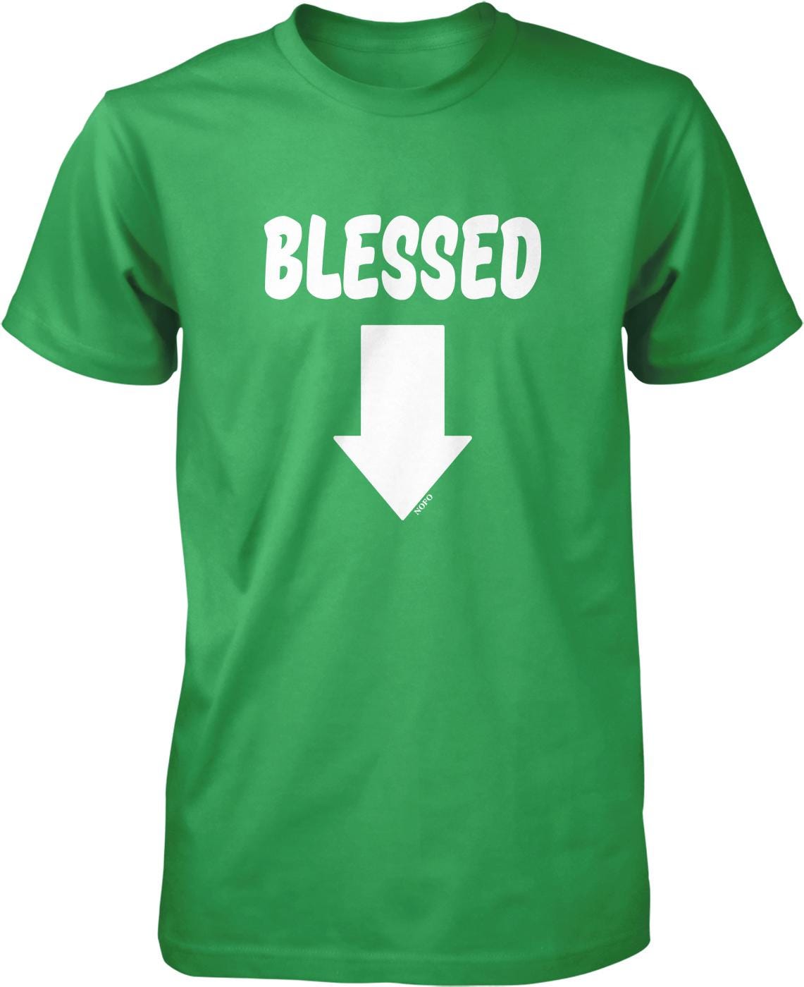A green t-shirt with the text "BELLESSED" and a white downward-pointing arrow printed on it.
