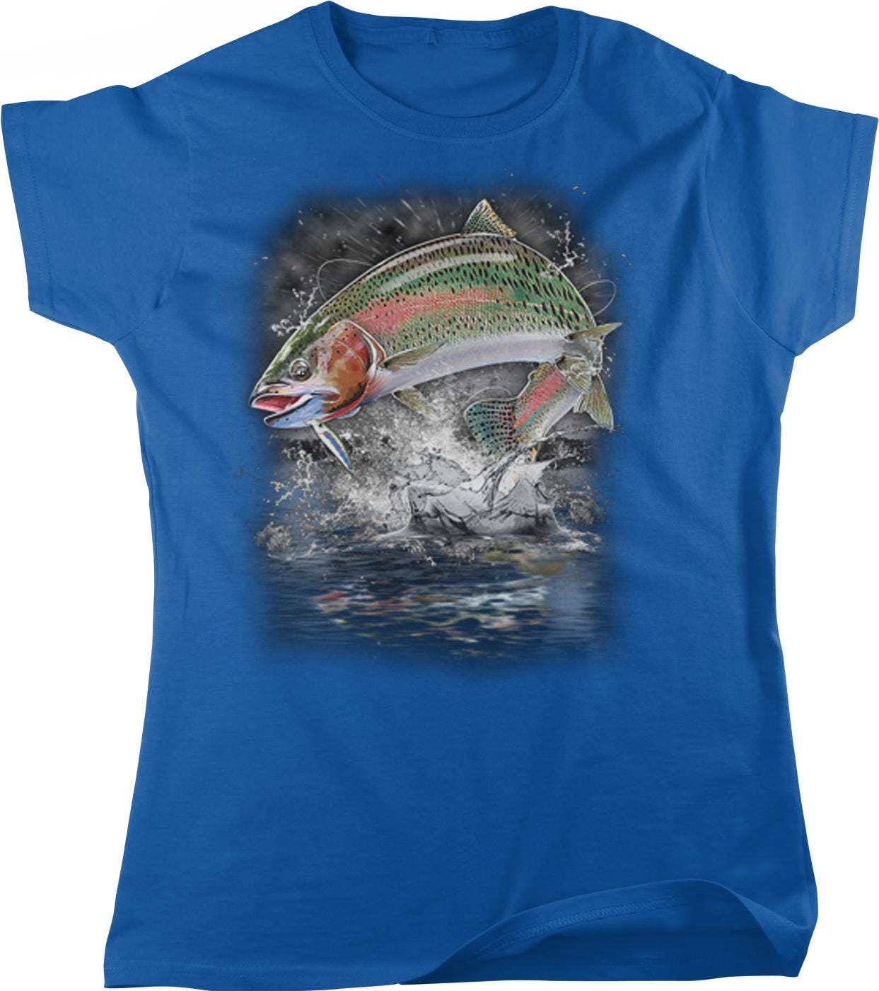 A blue t-shirt with a graphic design depicting a colorful fish jumping out of the water.