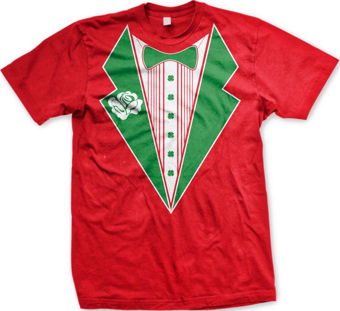 A red t-shirt with a graphic design of a green and white tuxedo jacket, featuring a bow tie and a rose on the left side.