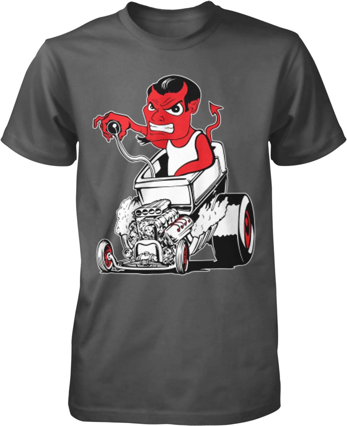 A t-shirt design featuring a cartoon devil character riding a car with a large engine.