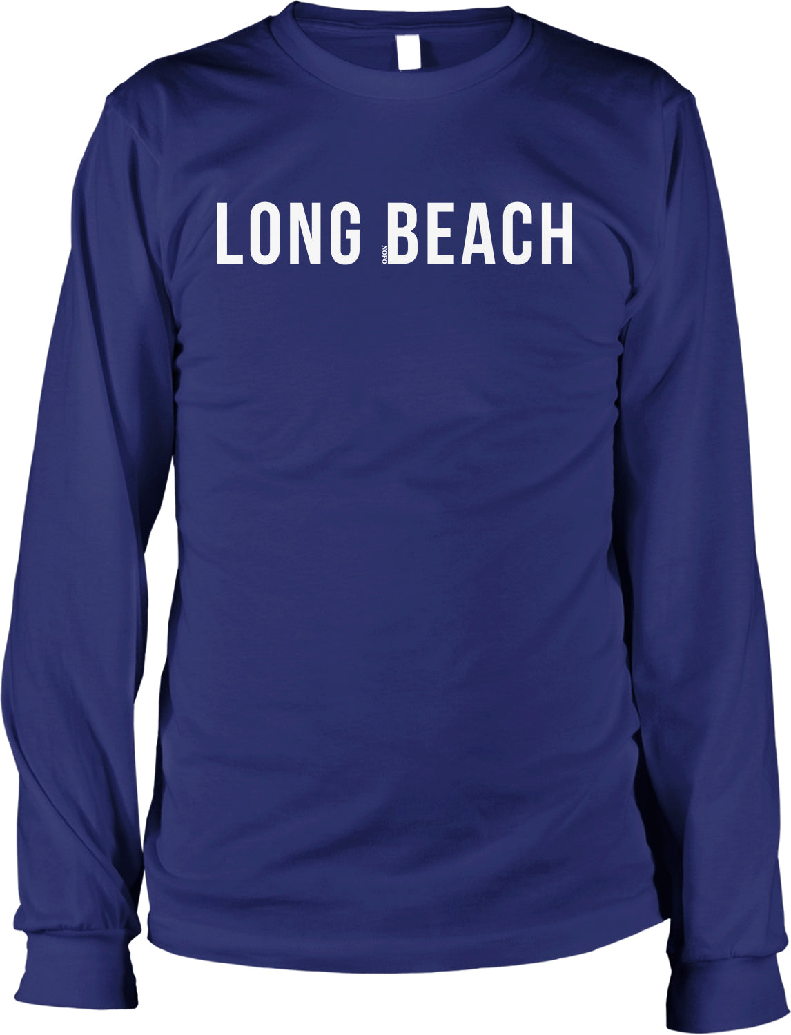 A long-sleeved blue t-shirt with the text "LONG BEACH" printed on it in white letters.