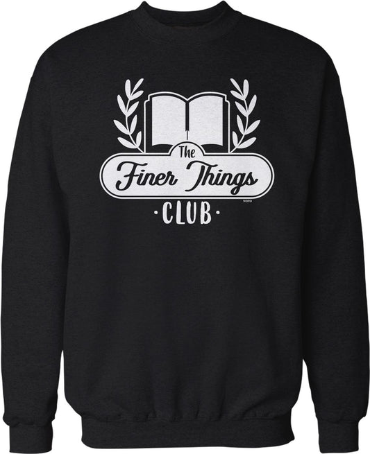 A black sweatshirt with a white logo that says "The Finer Things Club" and features an open book and laurel wreath.