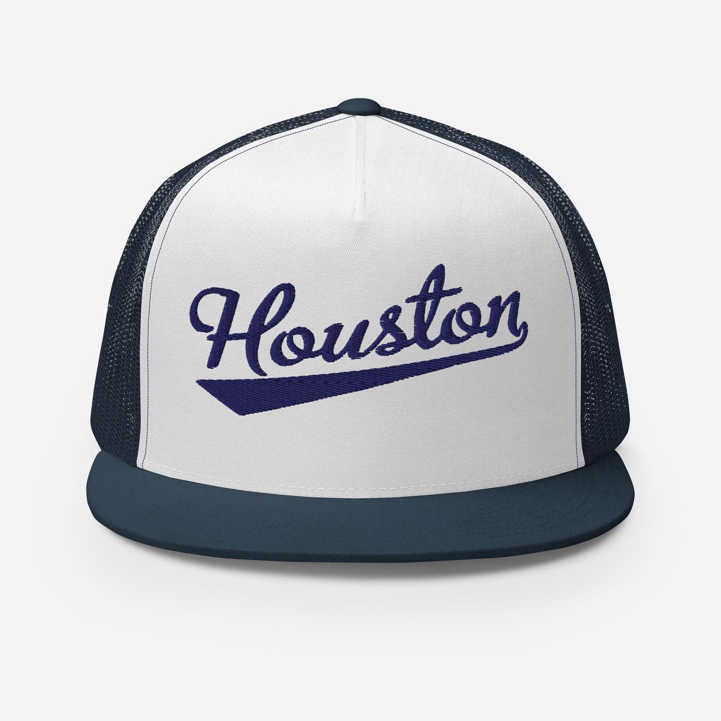 A black baseball cap with the word "Houston" printed in red on it.