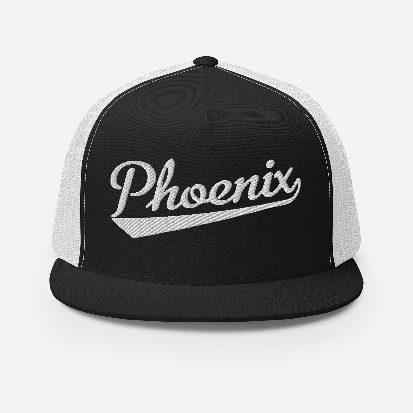 A black and white baseball cap with the word "Phoenix" embroidered on it.