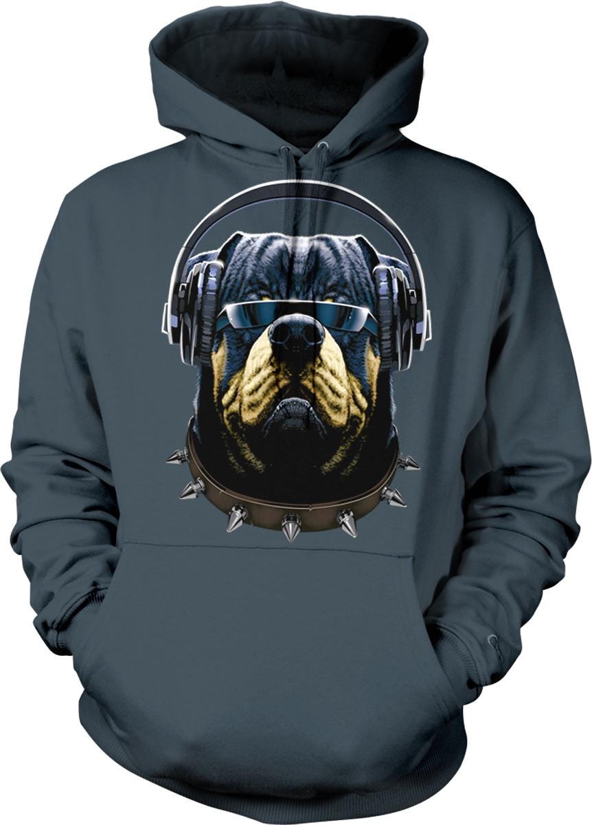 A hoodie with a graphic design of a dog wearing headphones and a spiked collar.