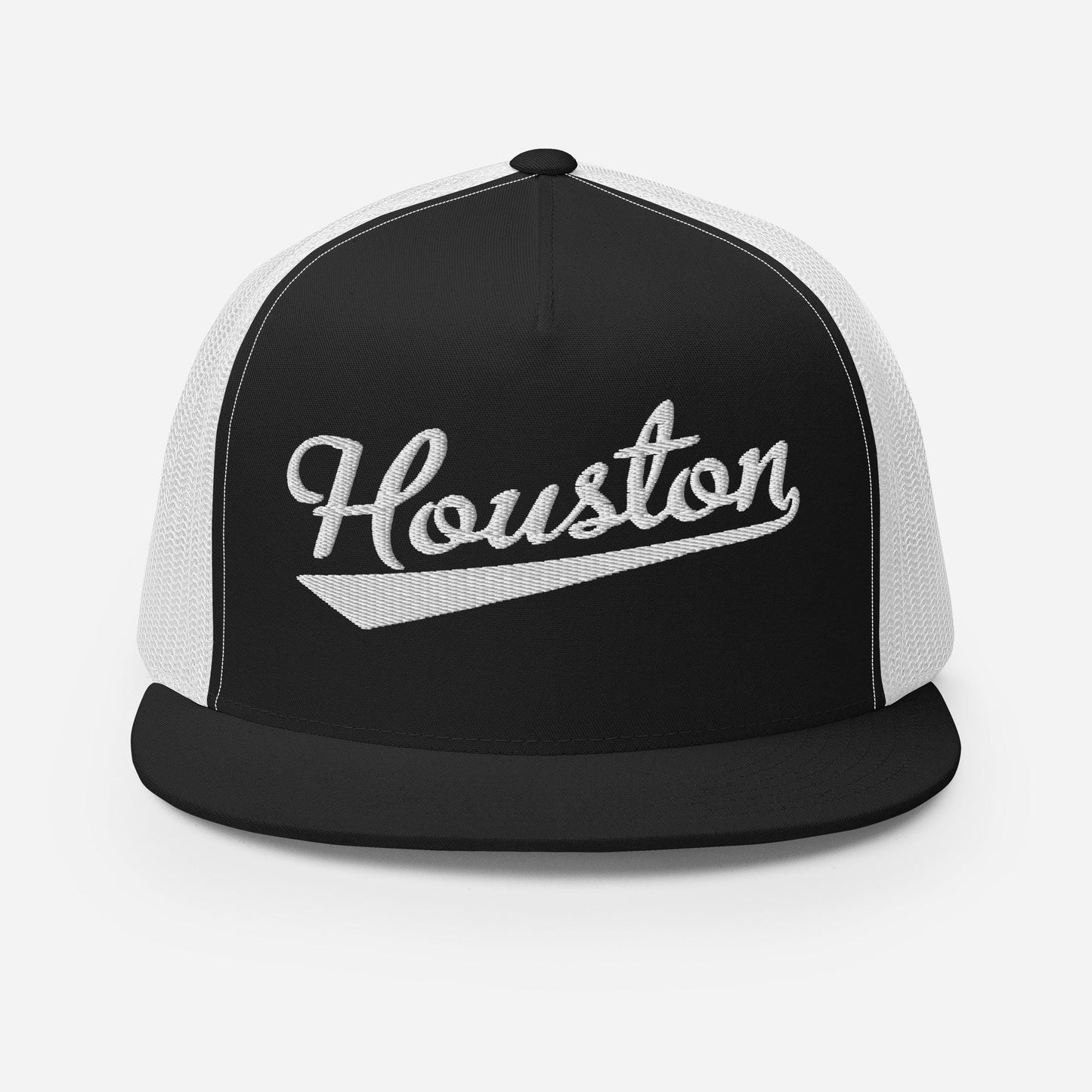 A black and white baseball cap with the word "Houston" embroidered on it.