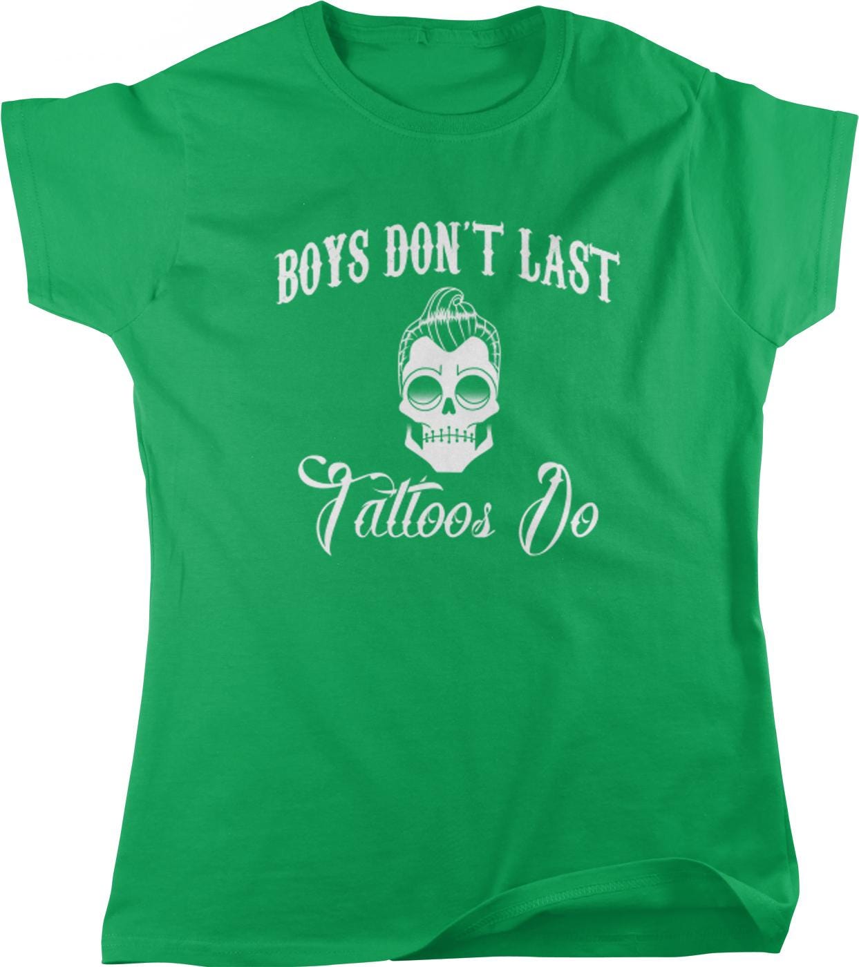 A green t-shirt with white text and a skull graphic printed on it.
