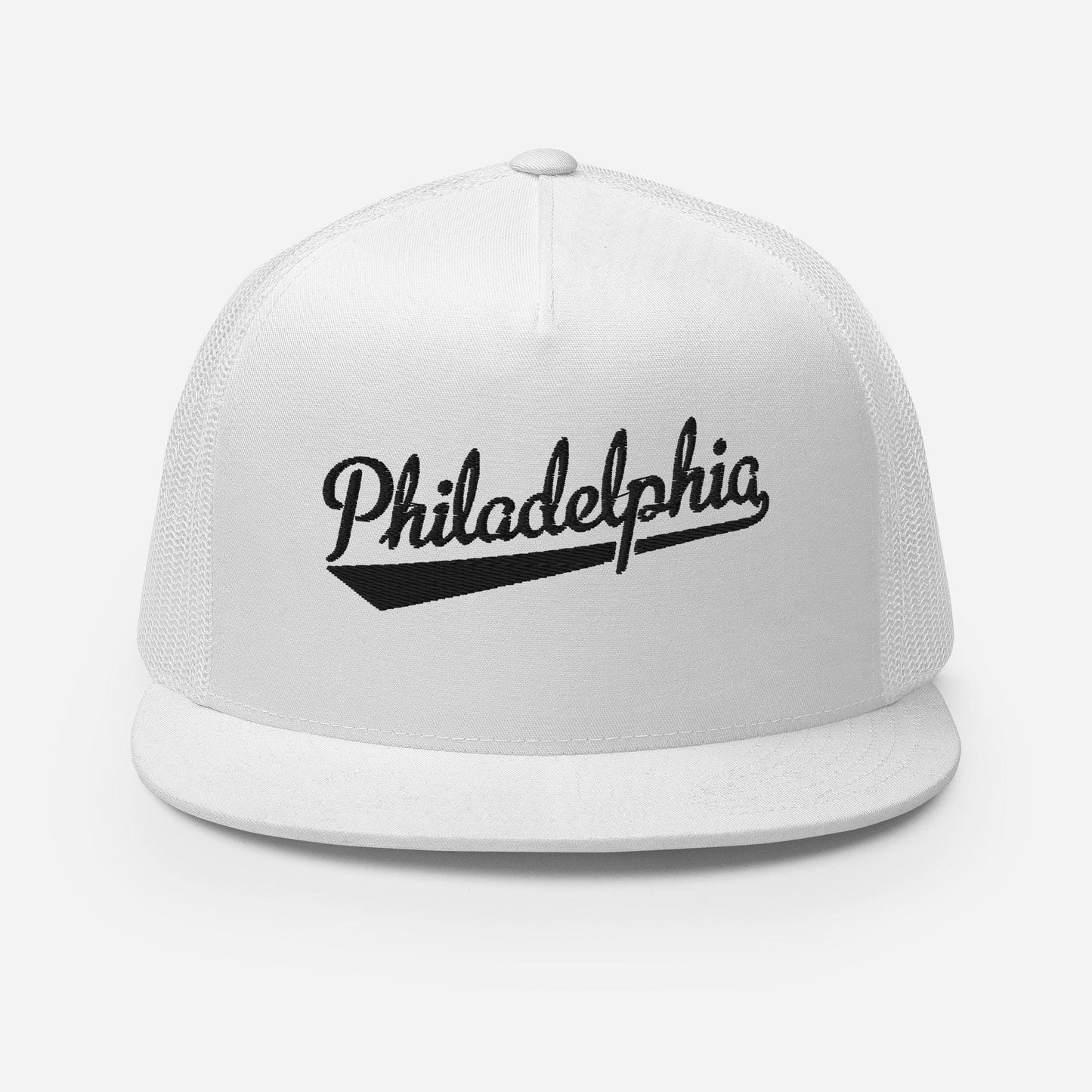 A white baseball cap with the word "PhiladELPHIA" printed on it in black text.