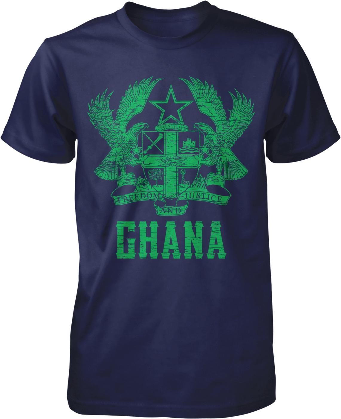 A navy blue t-shirt with a graphic design featuring a coat of arms and the text "Ghana" prominently displayed.