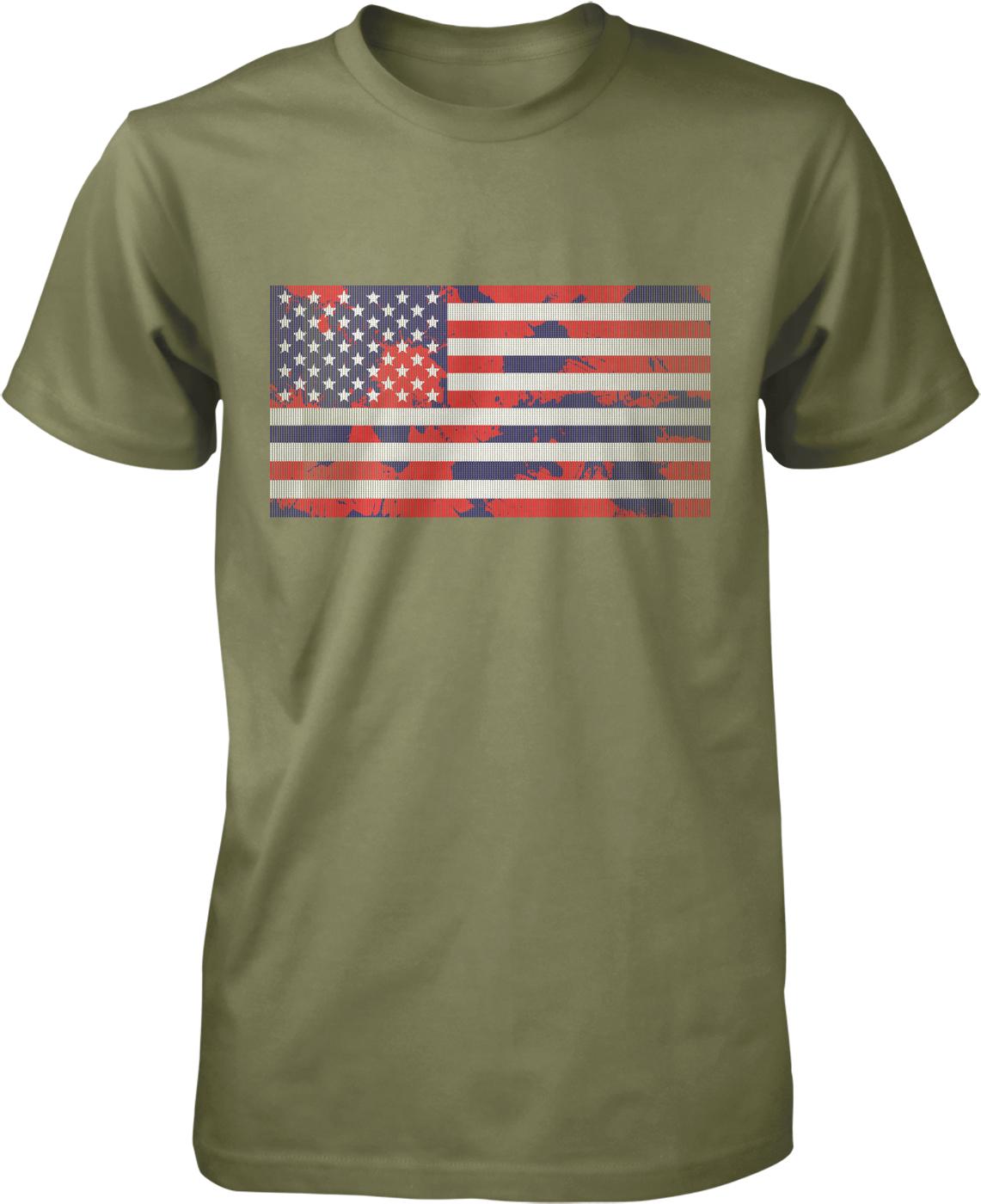 A green t-shirt with a graphic design depicting the American flag.