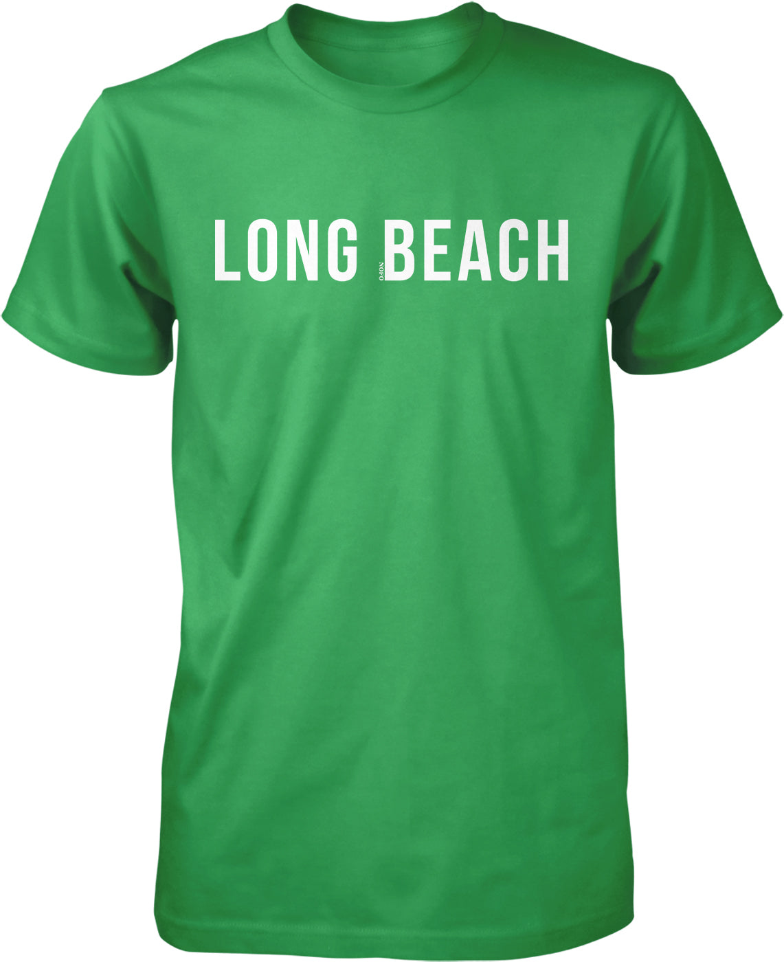 A bright green t-shirt with the text "LONG BEACH" printed on it.