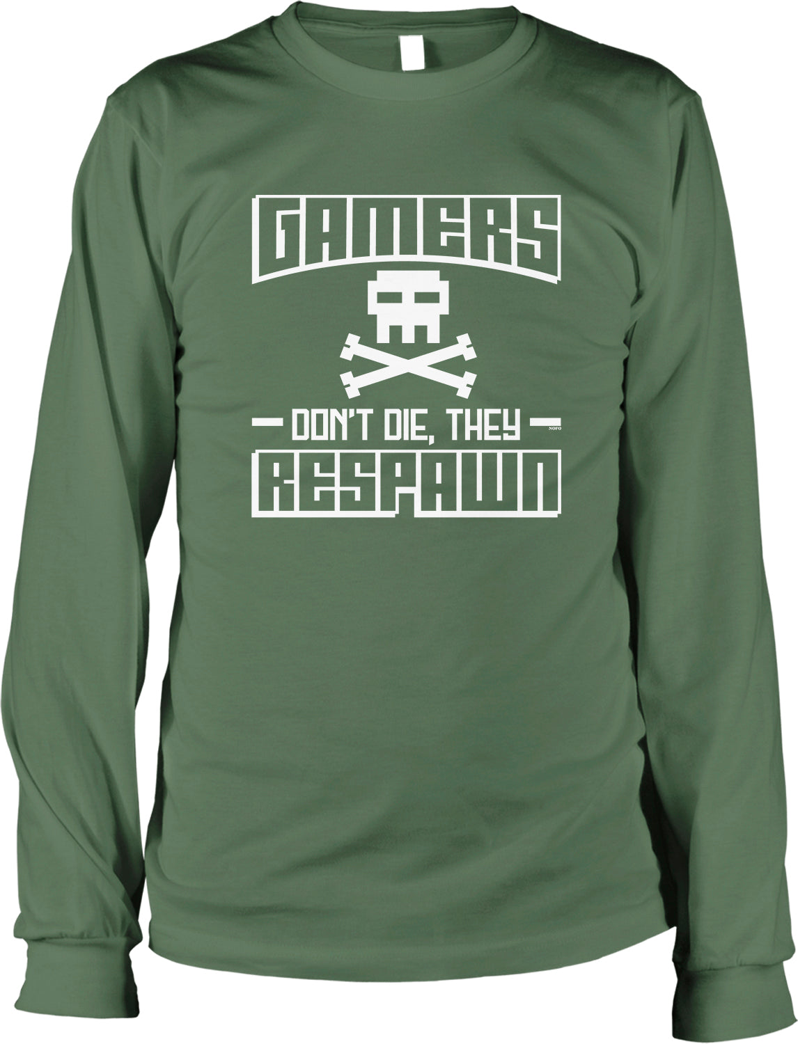A green long-sleeved t-shirt with white text and a skull graphic printed on it.