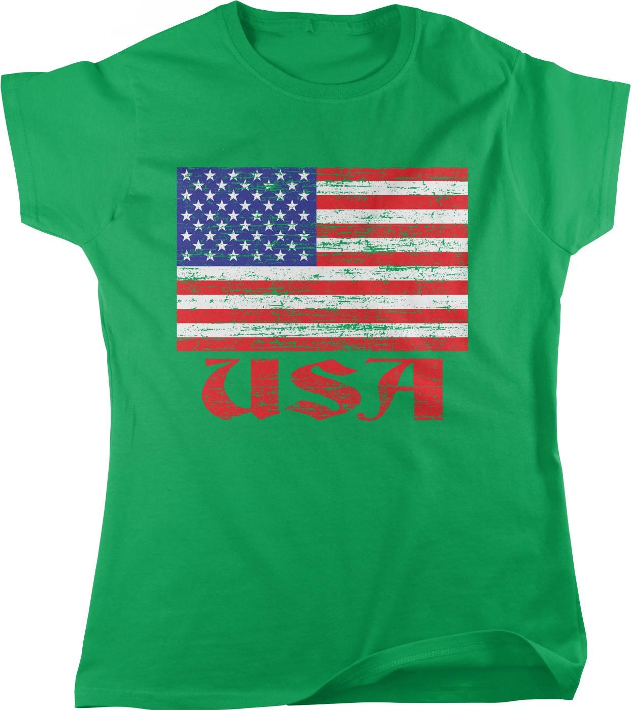 A green t-shirt with a graphic design of the American flag and the text "USA" printed on it.