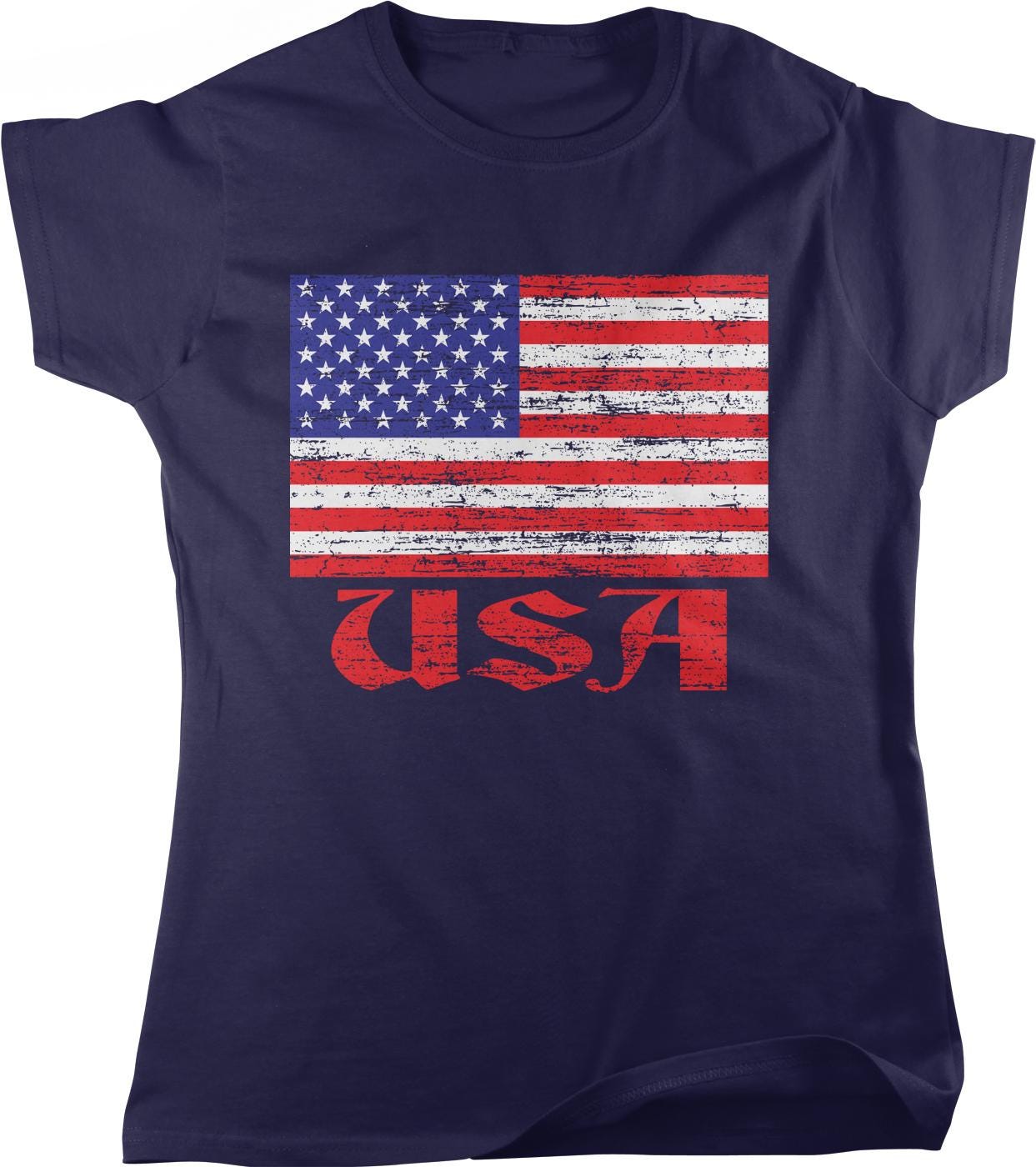A navy blue t-shirt with a graphic design featuring the American flag and the word "USA" printed on it.