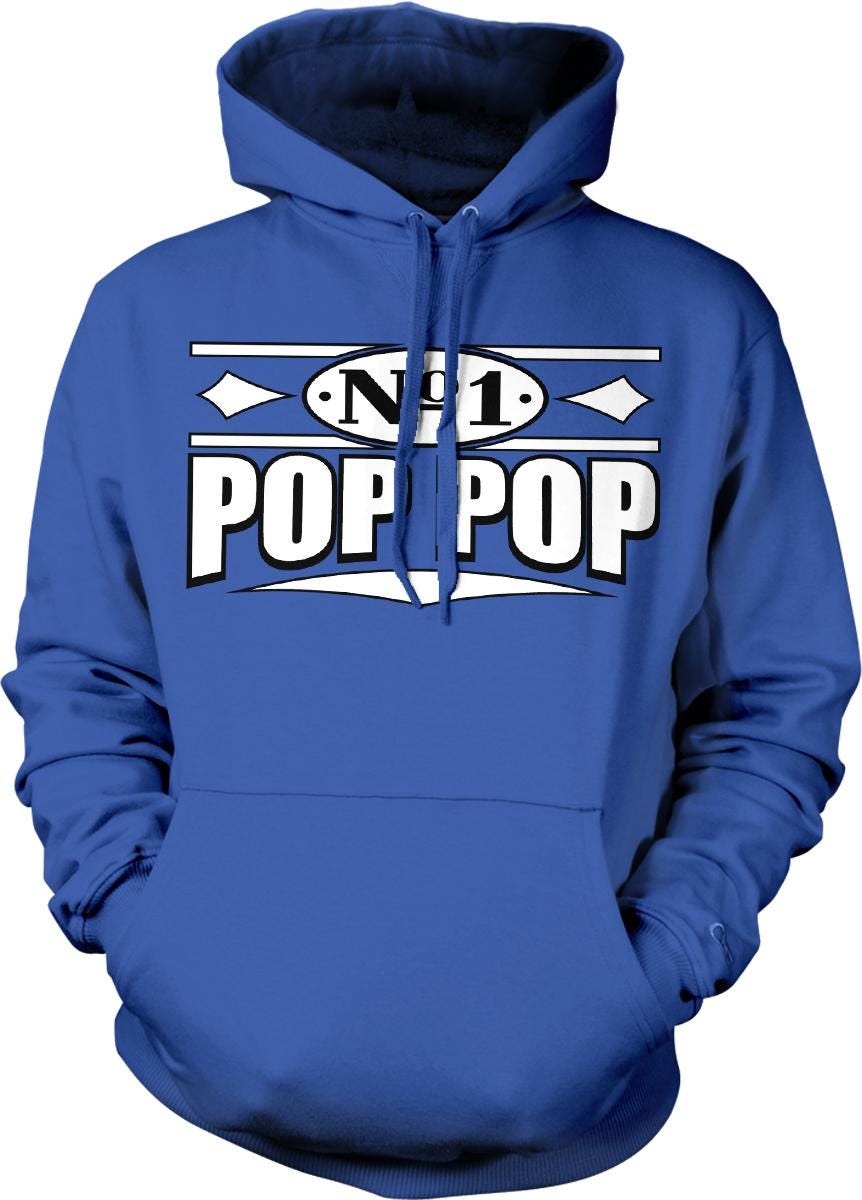 A blue hoodie with the text "No 1 POPPOP" printed on it.