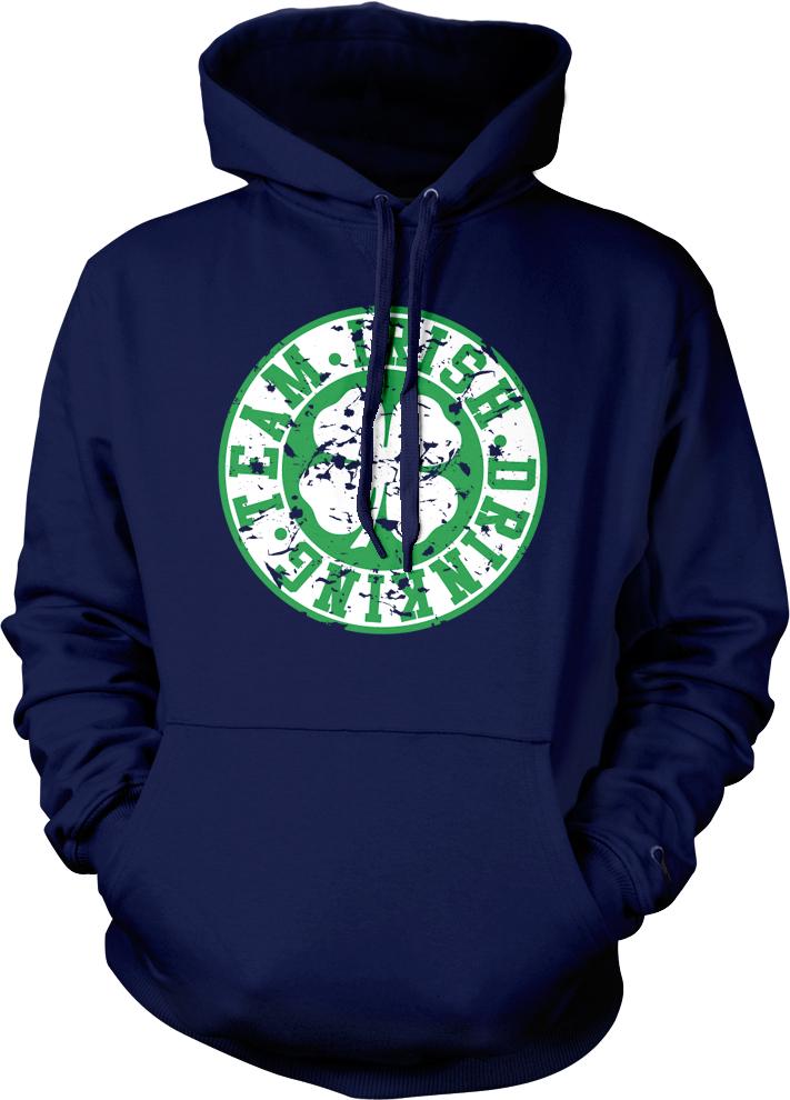 A navy blue hoodie with a green and white circular logo on the front.