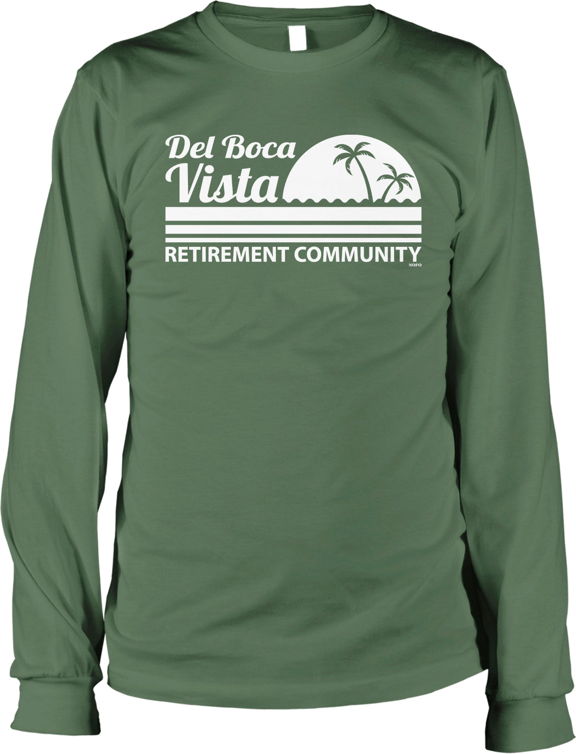 A long-sleeved green t-shirt with white text and graphics printed on it.