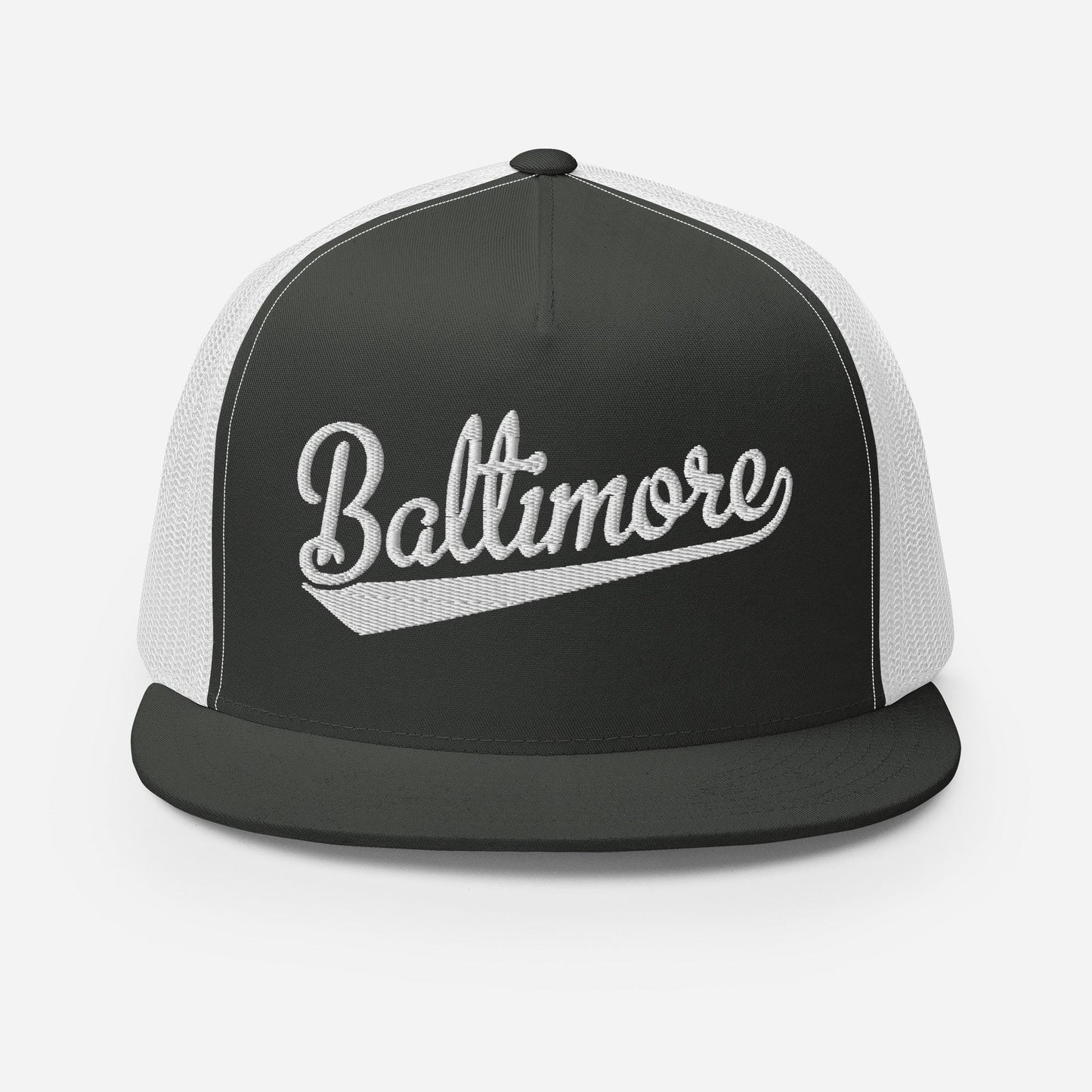 A black and white baseball cap with the word "Baltimore" embroidered on it.