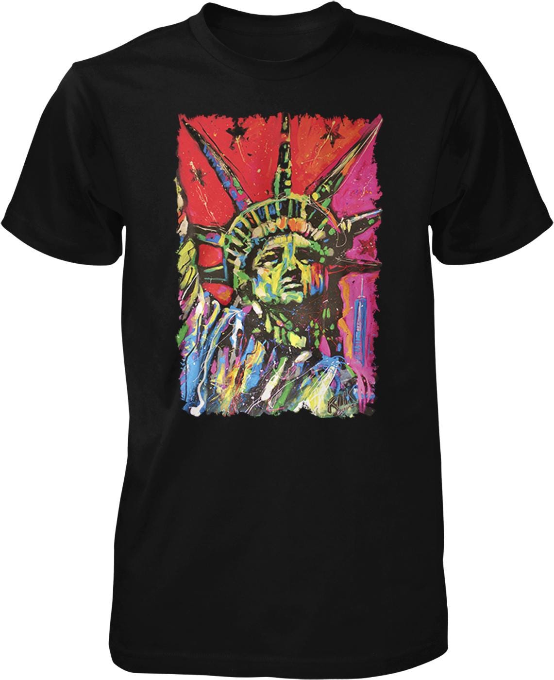 A black t-shirt with a colorful, abstract painting of the Statue of Liberty in the center.