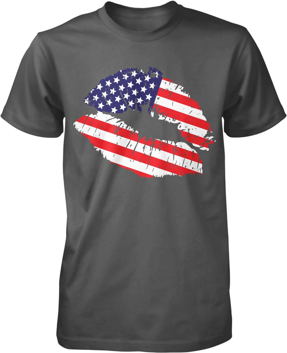 A gray t-shirt with a graphic design depicting a pair of lips with the American flag pattern.