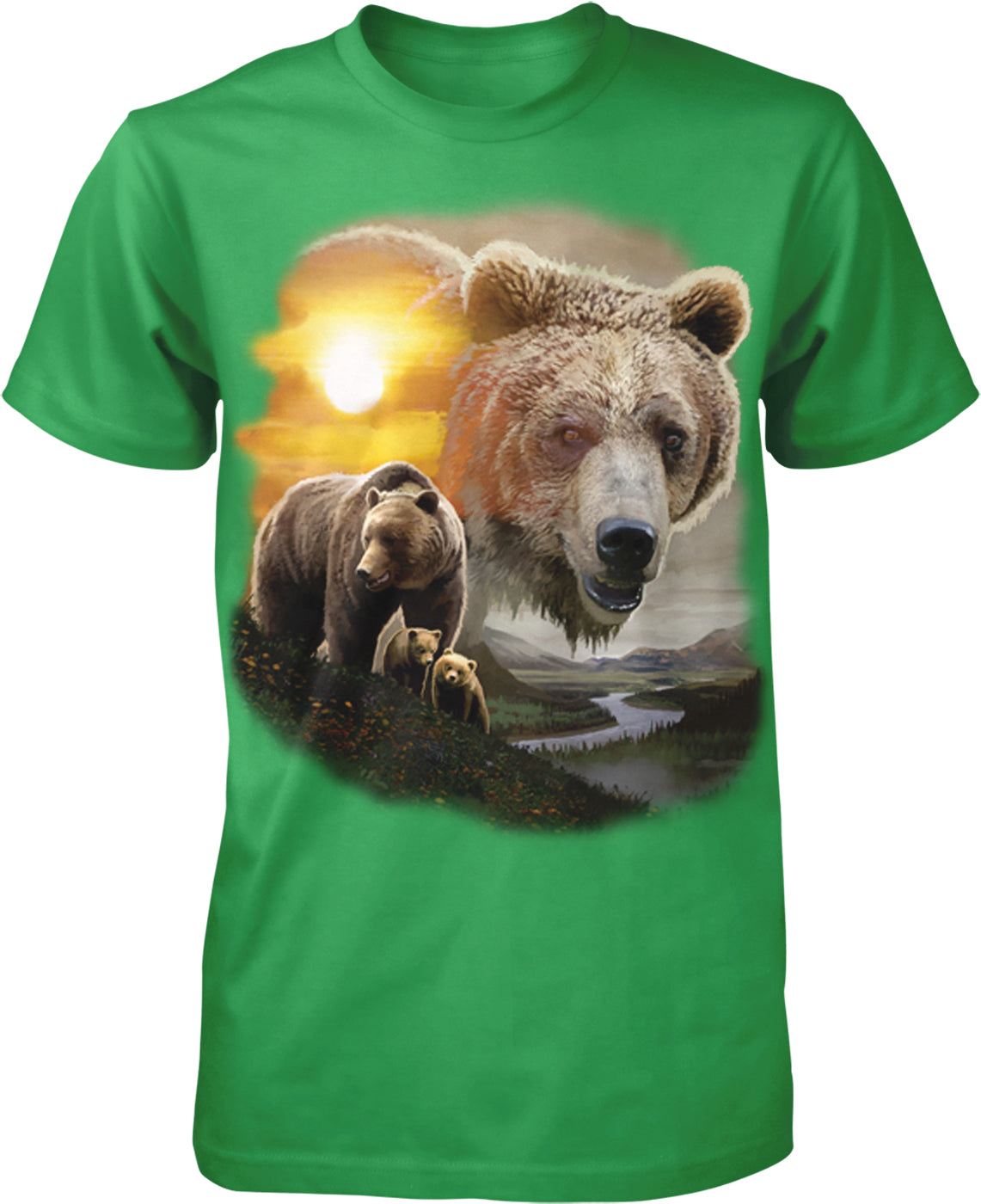 A green t-shirt with a graphic design depicting a large brown bear standing on a grassy hill with a smaller bear in the background, set against a scenic landscape with a river and mountains.
