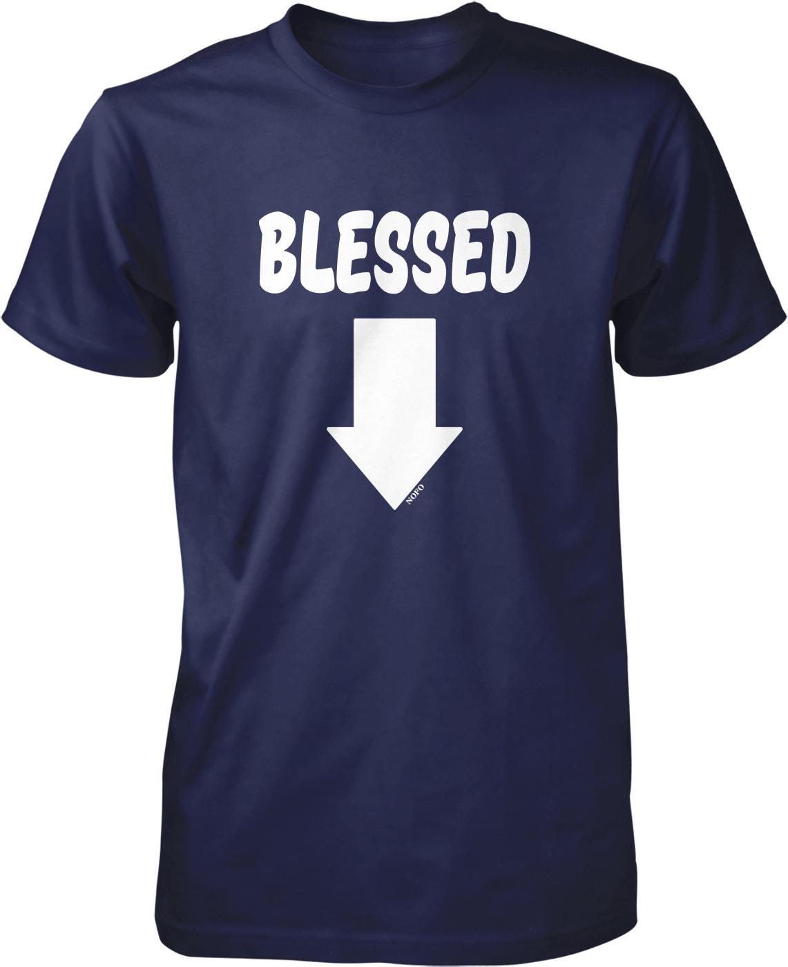 A navy blue t-shirt with the text "BELLESSED" and a white downward-pointing arrow printed on it.