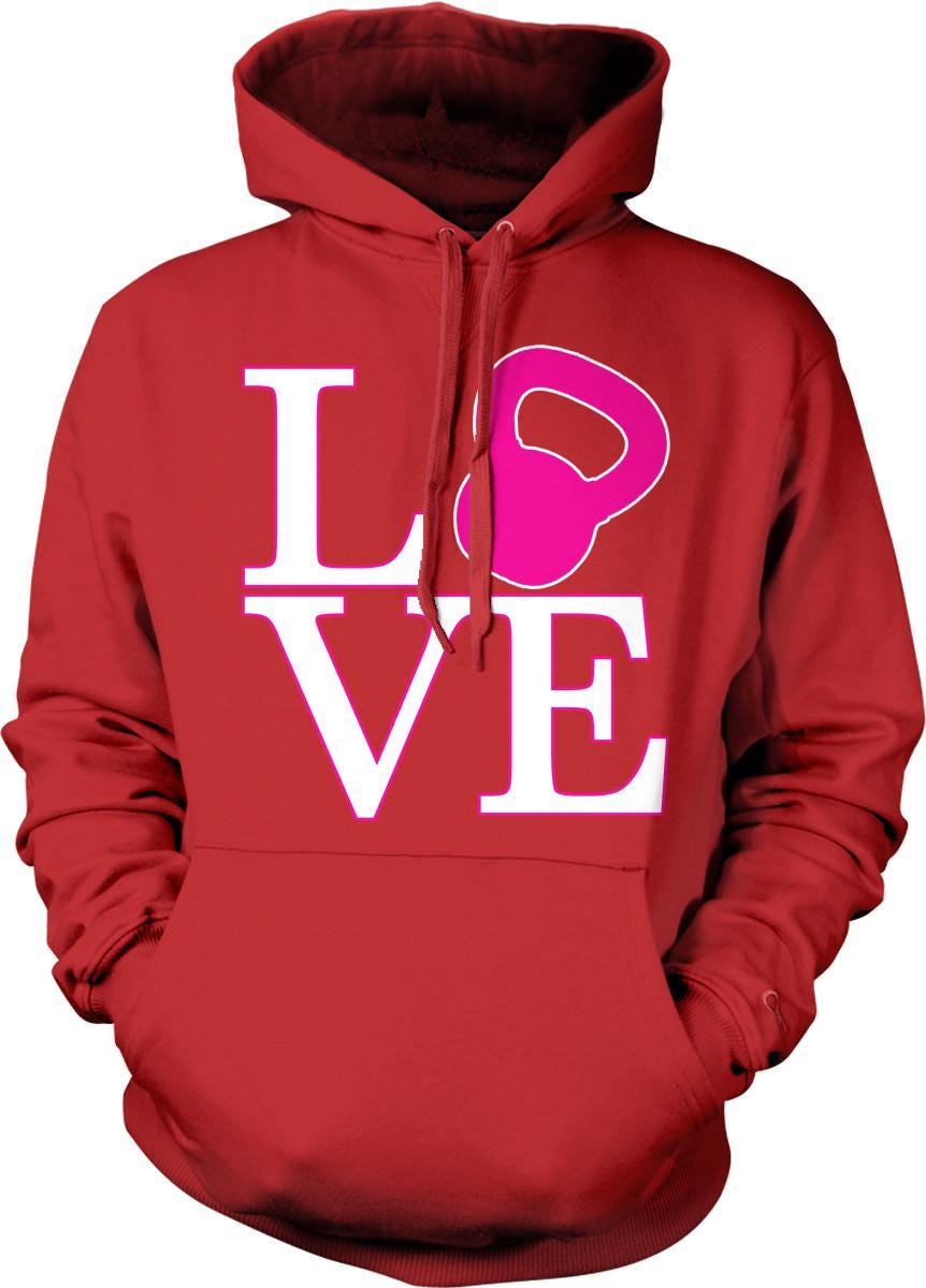 A red hoodie with the word "LOVE" printed on it, along with a pink kettlebell graphic.