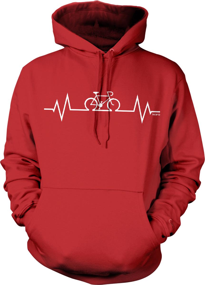 A red hoodie with a white line graphic depicting a bicycle and a heart rate monitor line.
