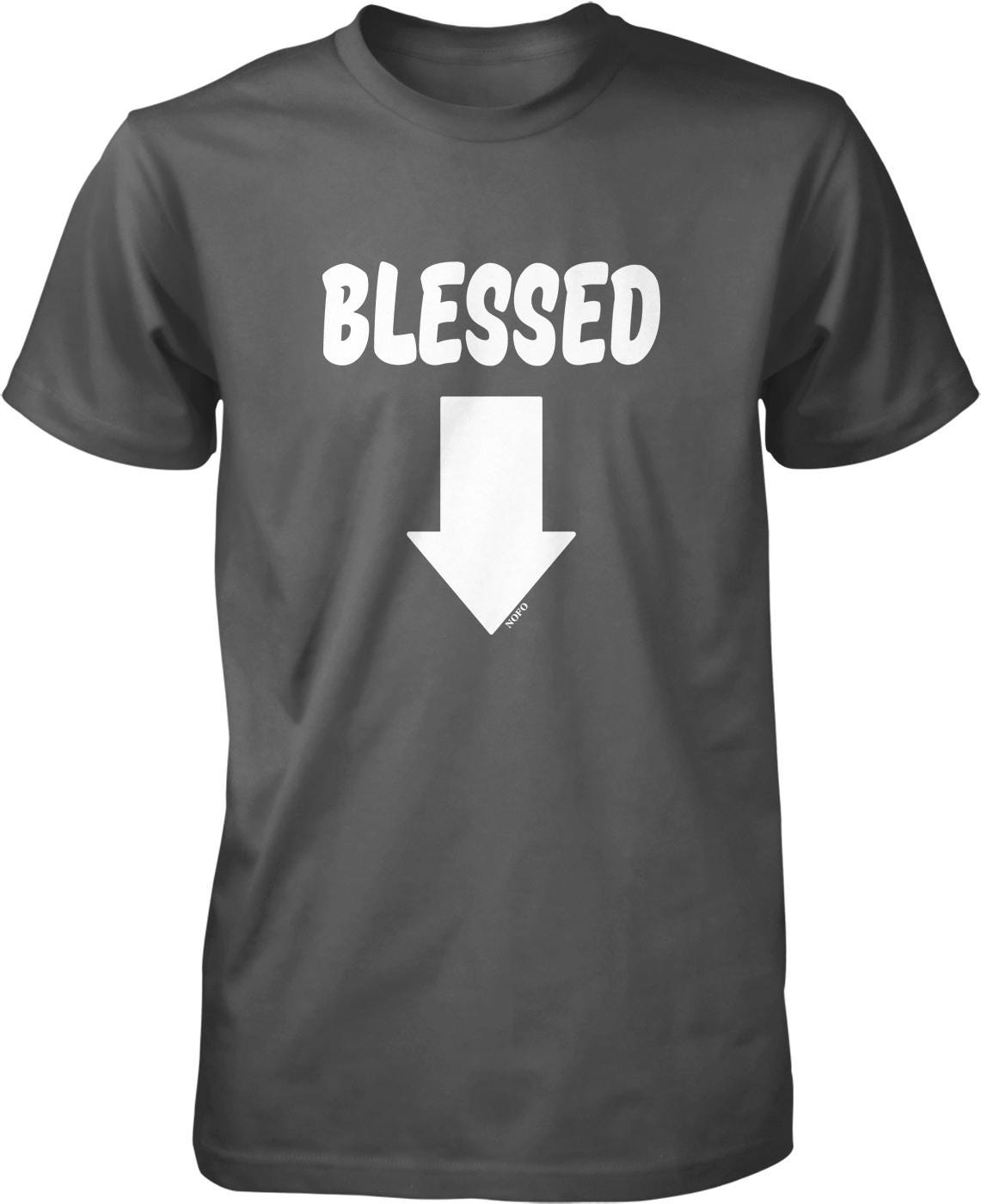 A black t-shirt with the text "BELLESSED" and an arrow pointing downwards.