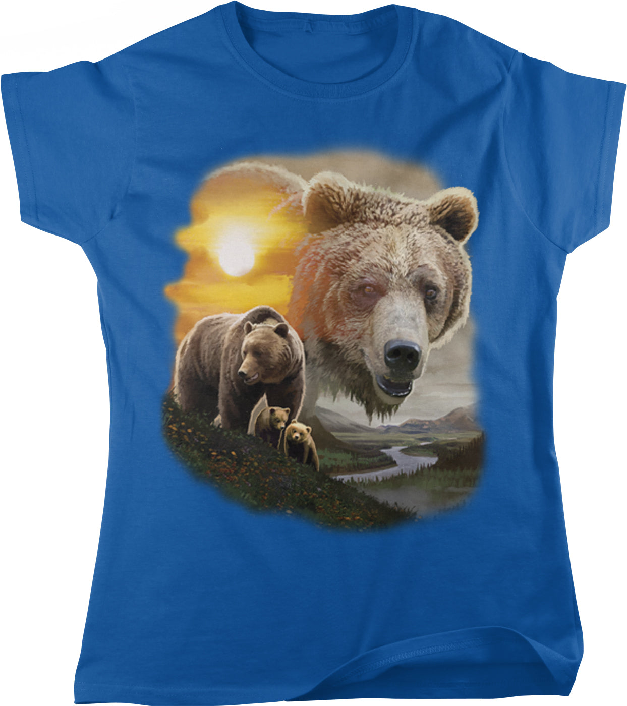 A t-shirt design featuring a large brown bear in the foreground and two smaller bears in the background, set against a scenic landscape with a sunset.